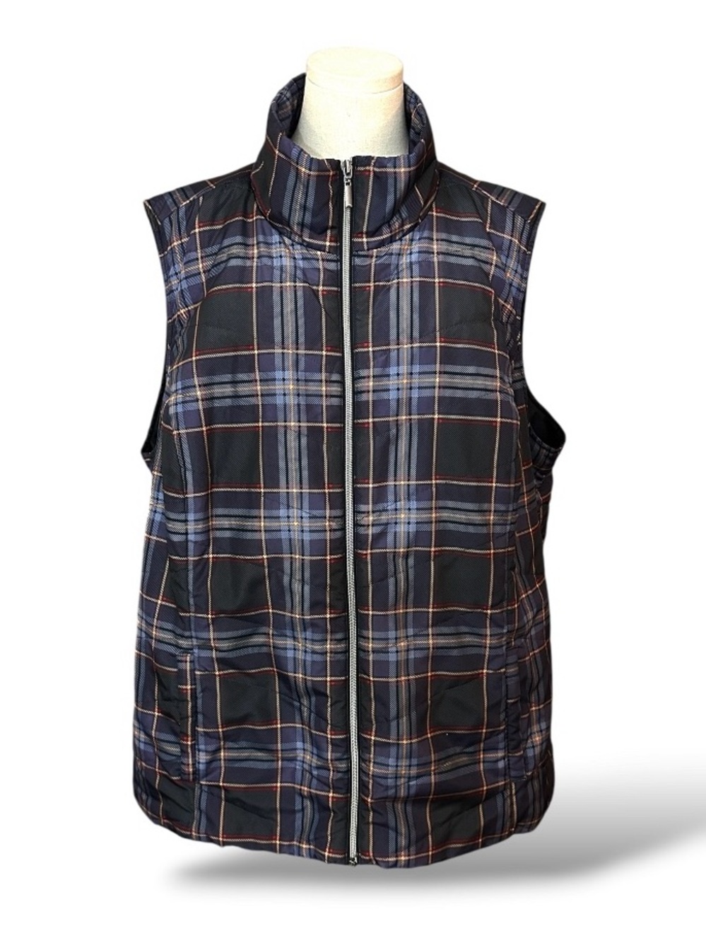 CJ Banks Plaid‎ Zip Up Vest in Blue, Gray, Red and Tan webs size 2x (G84)